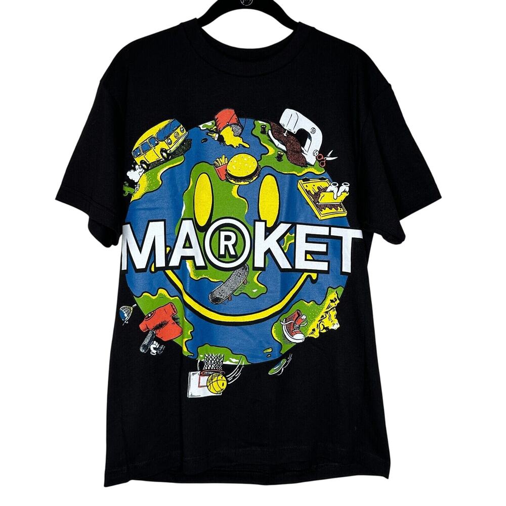 NWOT Black Multi-Color Market Smiley World Graphic Tee Crew Short Sleeve M